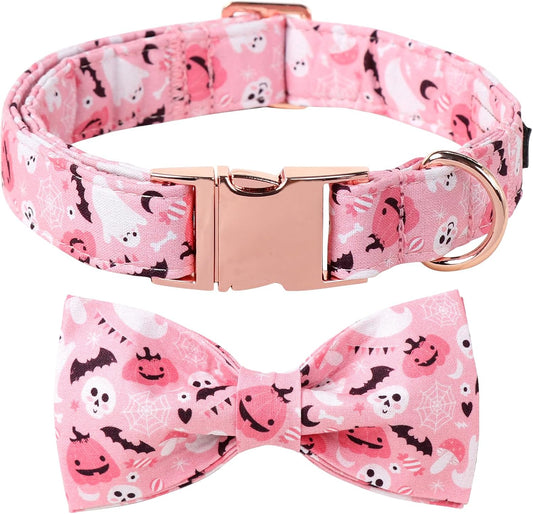 Lionet Paws Halloween Dog Collar, Cute Fall Pink Dog Collar for Medium Dogs, Adjustable Cotton Pumpkin Ghost Pet Collars for Small Medium Dogs