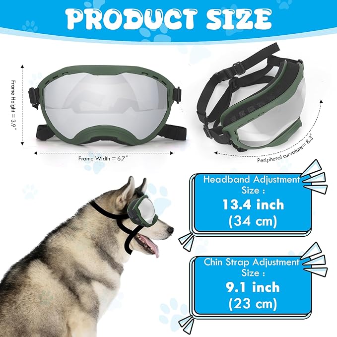 Dog Goggles for Large Dogs, UV Wind Dust Fog Protection, Soft Frame Adjustable Dog Sunglasses, Summer Driving & Winter Snow Eyewear, Tactical Pet Glasses with Elastic Strap (Green)