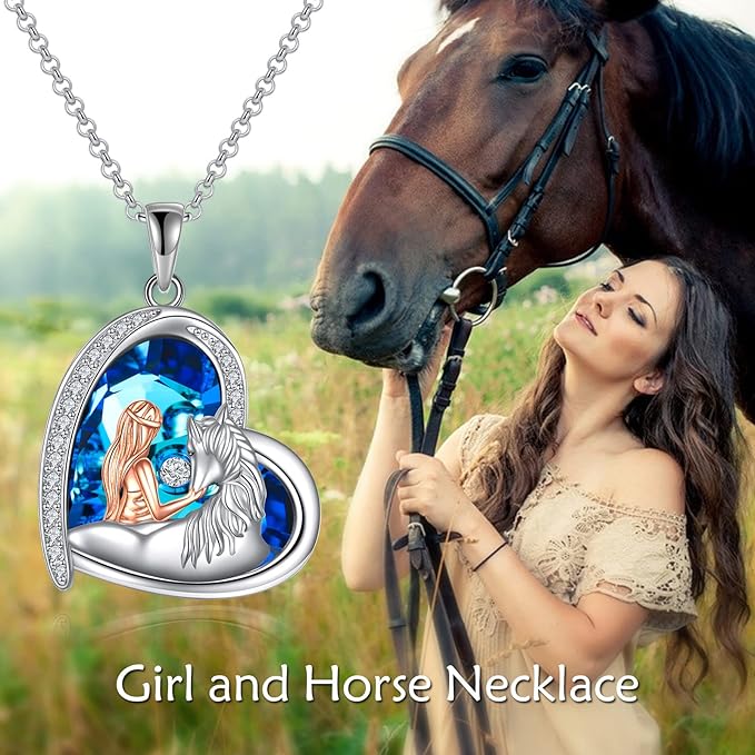 Horse Necklace Women Sterling Silver Crystal Love Heart with Horse Pendant Necklace Jewelry Christmas Gifts for Horse Lovers