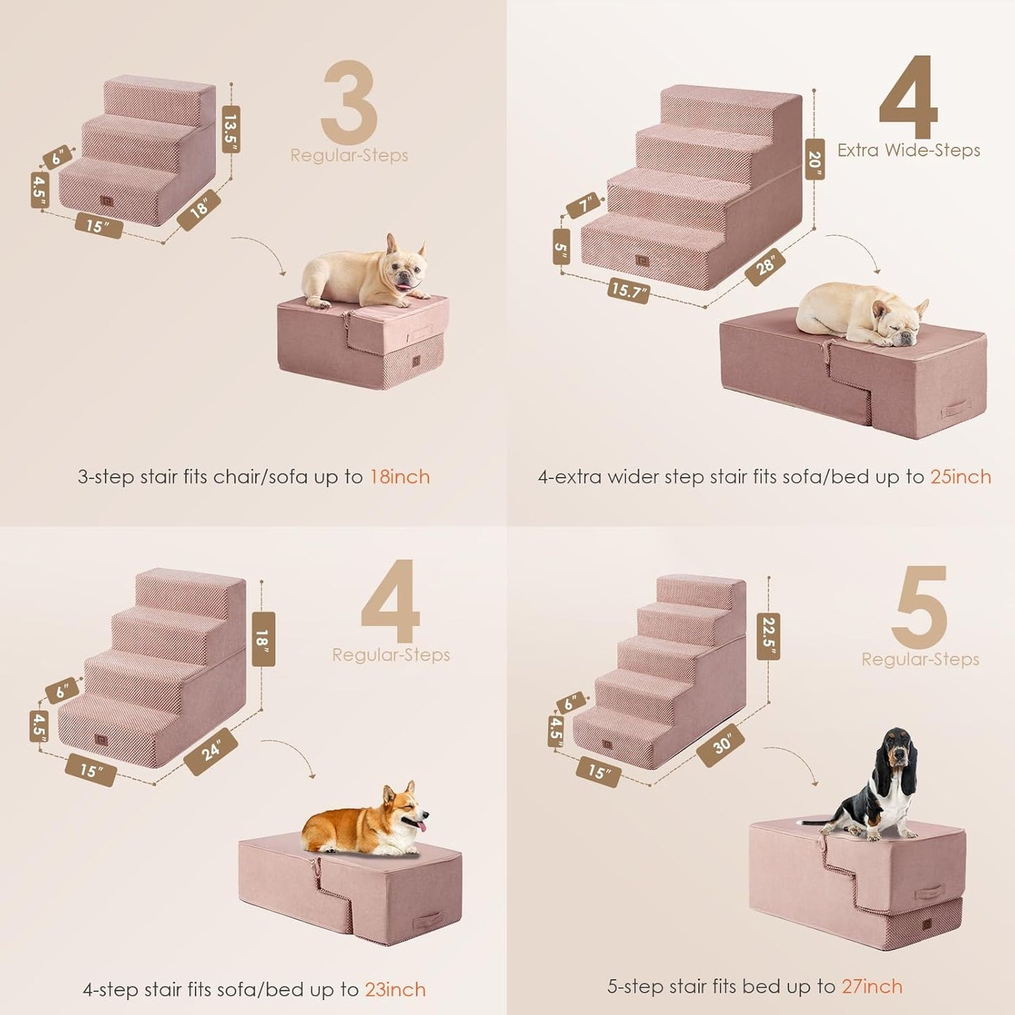 EHEYCIGA Dog Stairs for Bed 20" H, 4-Step Extra Wide Dog Steps for High Bed, Pet Steps for Small Dogs and Cats, Non-Slip Balanced Pet Ramp Indoor, Pink