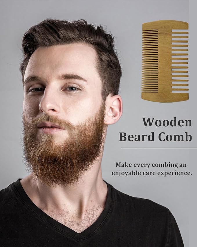 4 Pack Double-Sided Pocket Comb, Wooden Dual Action Beard and Mustache Comb Set with Leather Cases for Beards and Mustaches, Everyday Styling Comb For Detangling Knots (Black lacquer)