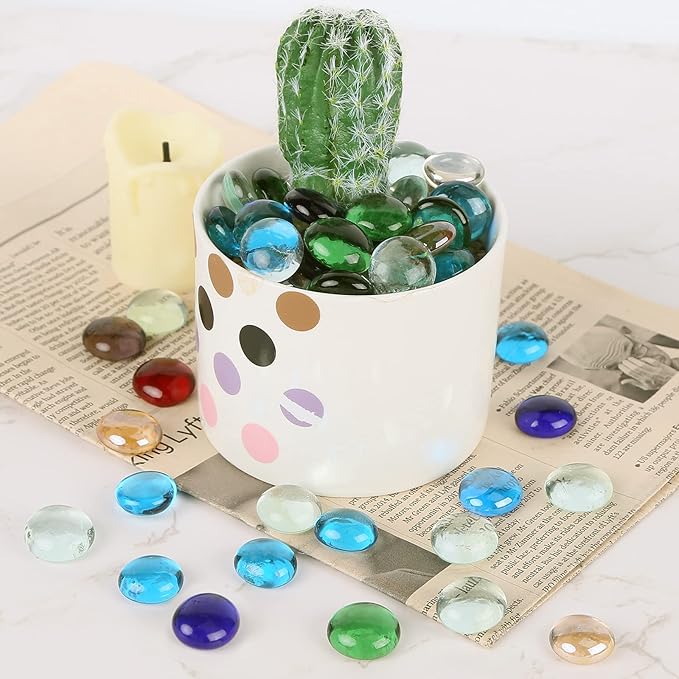 FUTUREPLUSX 1LB Multicolored Flat Glass Marbles, Mixed Mancala Stones Pebbles Flat Beads Mosaics Gemstones for Vase Filler Table Scatter Home Decor