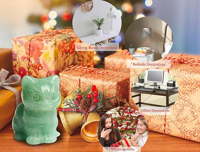 DUQGUHO Green Aventurine Cat Crystal Figurines - Lucky Cute Cat Statue for Room Desk Decor 1PC