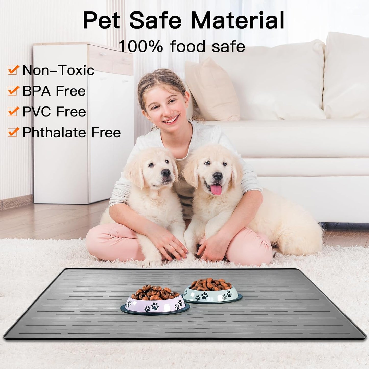 39.4"x29.5" Largest Pet Food Mat, Silicone Dog Mats for Food and Water, Nonslip Pet Feeding Mats for Floors,Dog Cat Bowl Mat with Raised Edges, Gray Blue