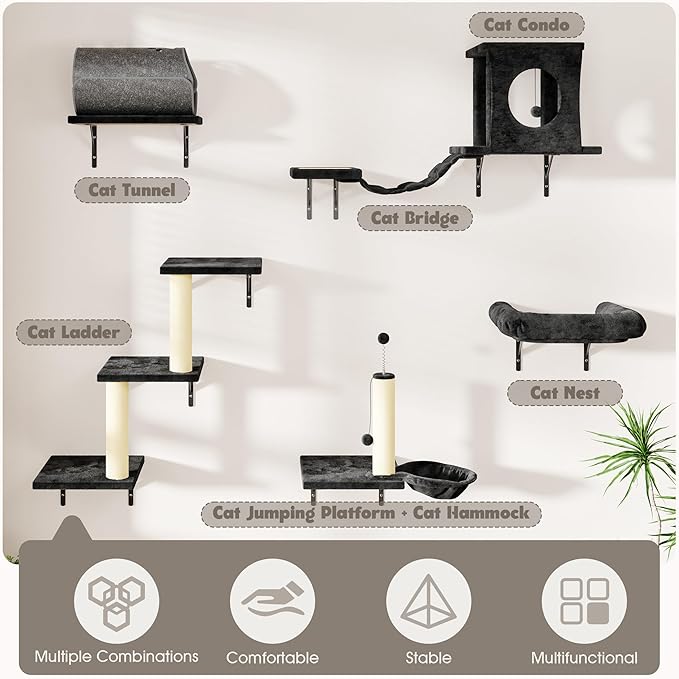 NUNU LAB 7-in-1 Cat Wall Shelves, Wall Mounted Cat Climber Set, Cat Furniture with House, Tunnel, Bridge, Steps, Scratcher, Hammock, Shelves for Indoor, Dark Black