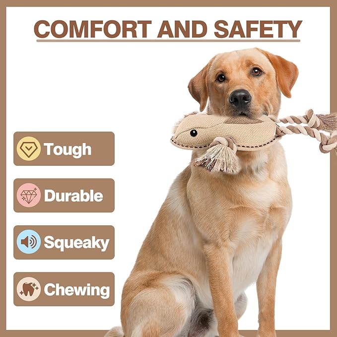 Nature Tough Ramie Cotton Fabric Durable Squeaky Dog Toys for chewers Interactive to Keep Them Busy, Funny Tug of War Dogs Toy for Small Medium Large Cute Birthday Gift (Frog)