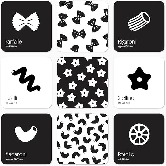 Pasta for Baby High Contrast Cards Sensory Toy Learning Activity Large Black and White Flash Cards Newborn Tummy Time Play 0+ Months Infant Essentials Curious Baby Activity Gift Set