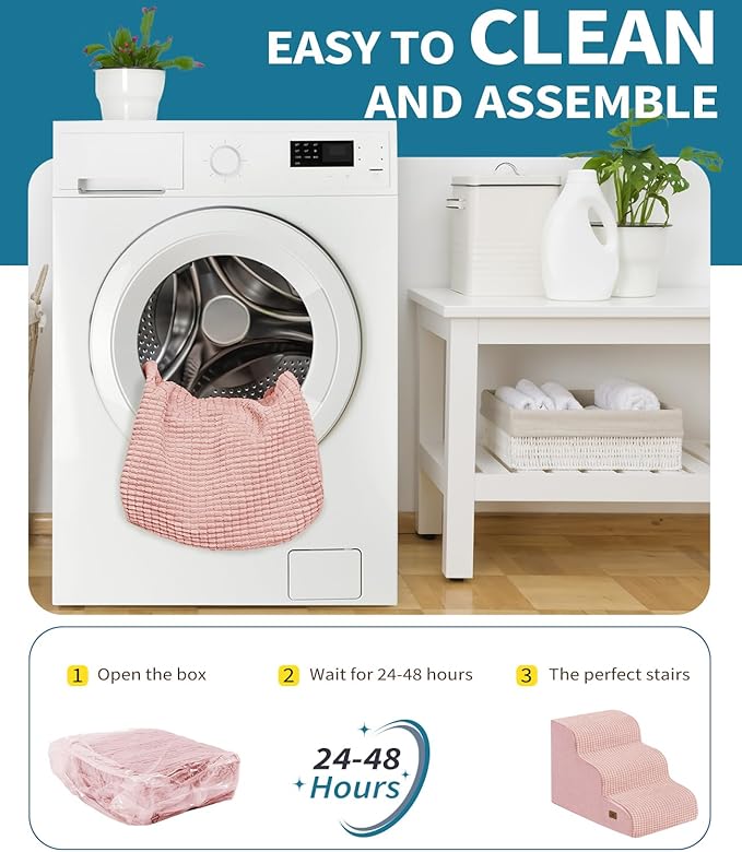 Dog Step for Bed, Dog Stair 3-Step 35D Pet Stair 15.7" H for High Bed or Sofa Non-Slip Balanced Pet Step Indoor, Pink