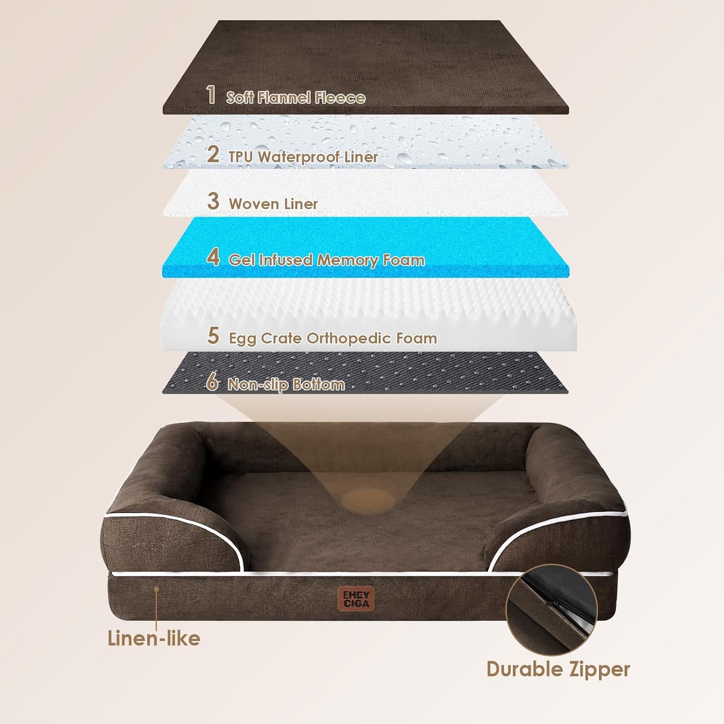 EHEYCIGA Orthopedic XL Dog Beds, Waterproof Memory Foam Dog Bed for Extra Large Dogs, Non-Slip Bottom and Egg-Crate Foam Big Pet Couch Bed with Washable Removable Cover, Brown