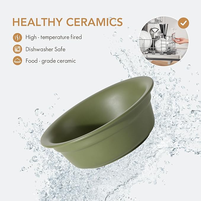 Ceramic 5.5inch Set of 2 Dog and Cat Bowls, 2pcs Basic 1 Cup Food or 9.5 oz Water Dishes for Puppy, Kitty, Wide Opening Rounded Edge (2 Bowls, Olive Green)