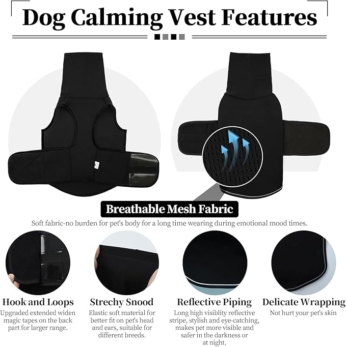 ROZKITCH Dog Anxiety Relief Jacket, Turtleneck Calming Vest for Indoor & Outdoor Use, Breathable Dog Shirt for Separation & Noise Anxiety Black L