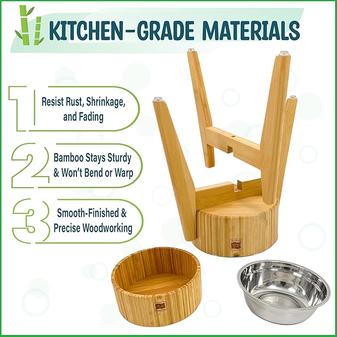 Elevated Dog Bowls for Large Breed - (15-Inch High) Raised Bamboo Holder with Stainless Dish - Suitable for Dry and Wet Pet Food - Tall Stand, Deter Ants/Bugs