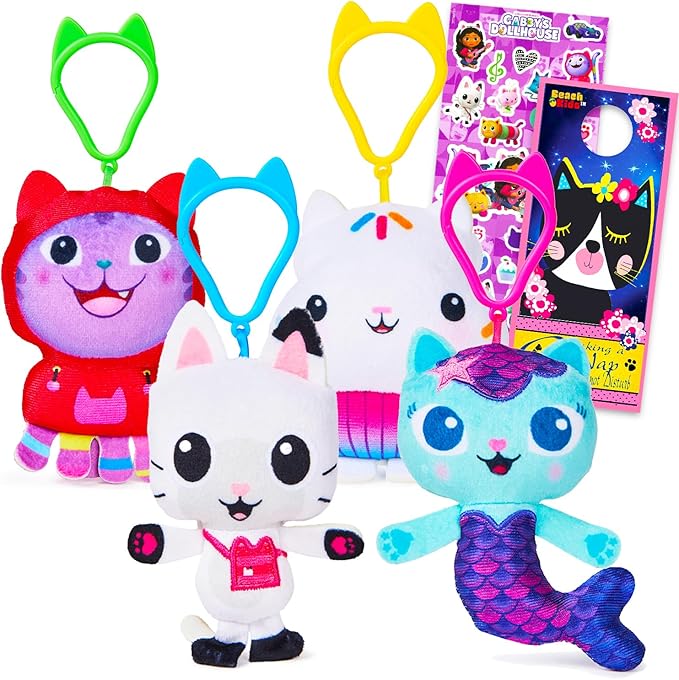 DreamWorks Gabby's Dollhouse Party Favors for Kids - 4 Pc Bundle with Plush Keychain Bag Clips for Boys, Girls with Stickers, More | Gabby's Dollhouse Birthday Party Supplies Set