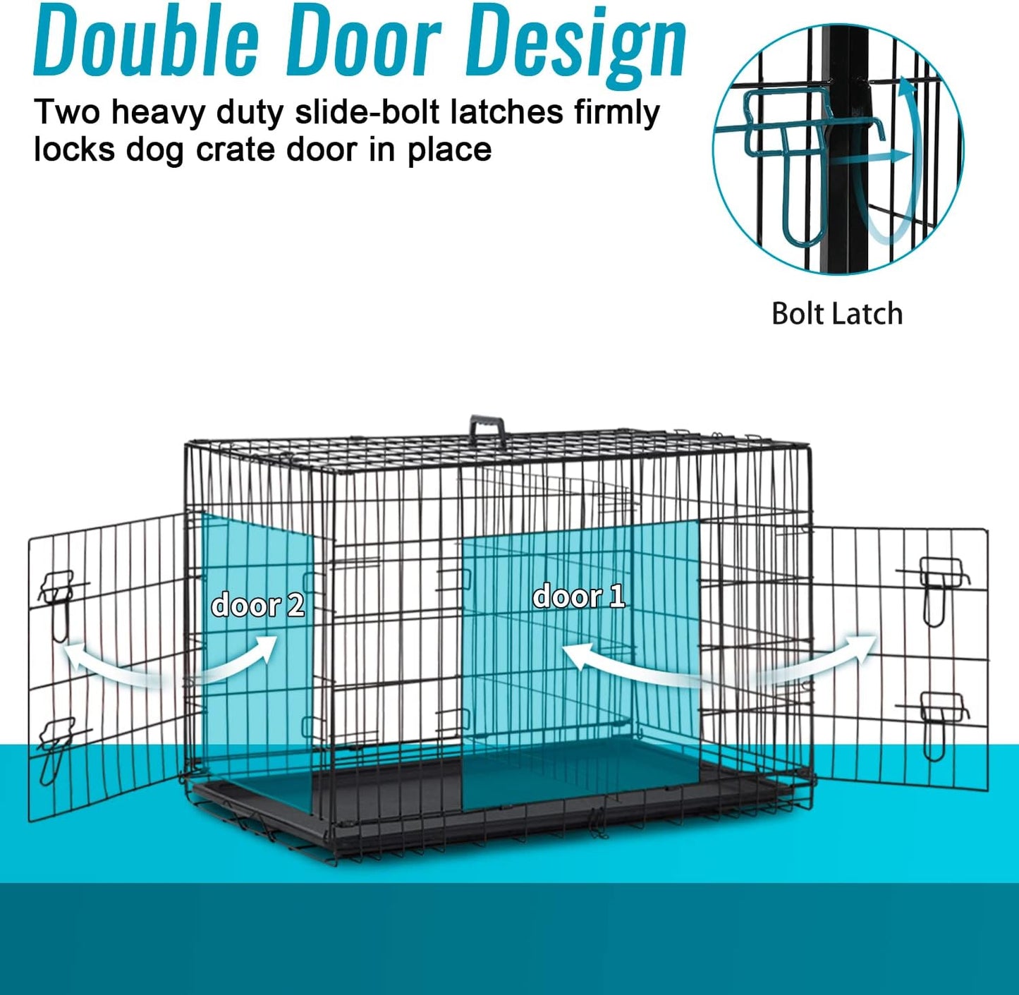 FDW Dog Crate for Small Dogs 24 Inch Folding Metal WirePet Cage Double Door W/Divider Panel Indoor Outdoor Kennel Leak-Proof Plastic Tray,Black