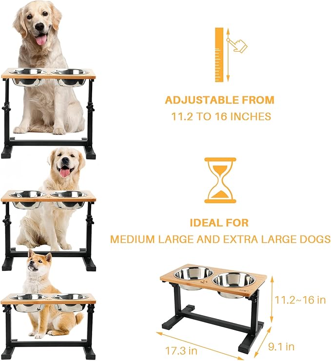 HTB Elevated Dog Bowls, Adjustable Pet Bowl Stand (Metal/Bamboo, 11.2'' to 16" Tall)