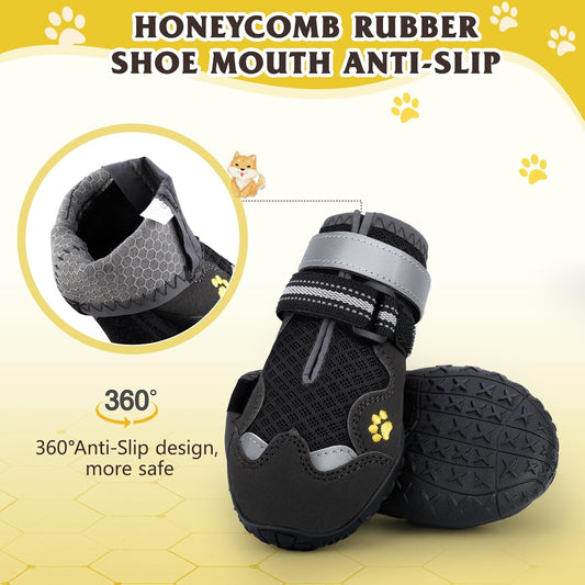 Dog Shoes, FISHOAKY Dog Shoes for Large Dogs, Mesh Breathable Dog Boots & Paw Protectors for Summer Hot Pavement Winter Snowy, 360°Anti Slip 4Pcs Dog Booties with Reflective Black (Size 8)