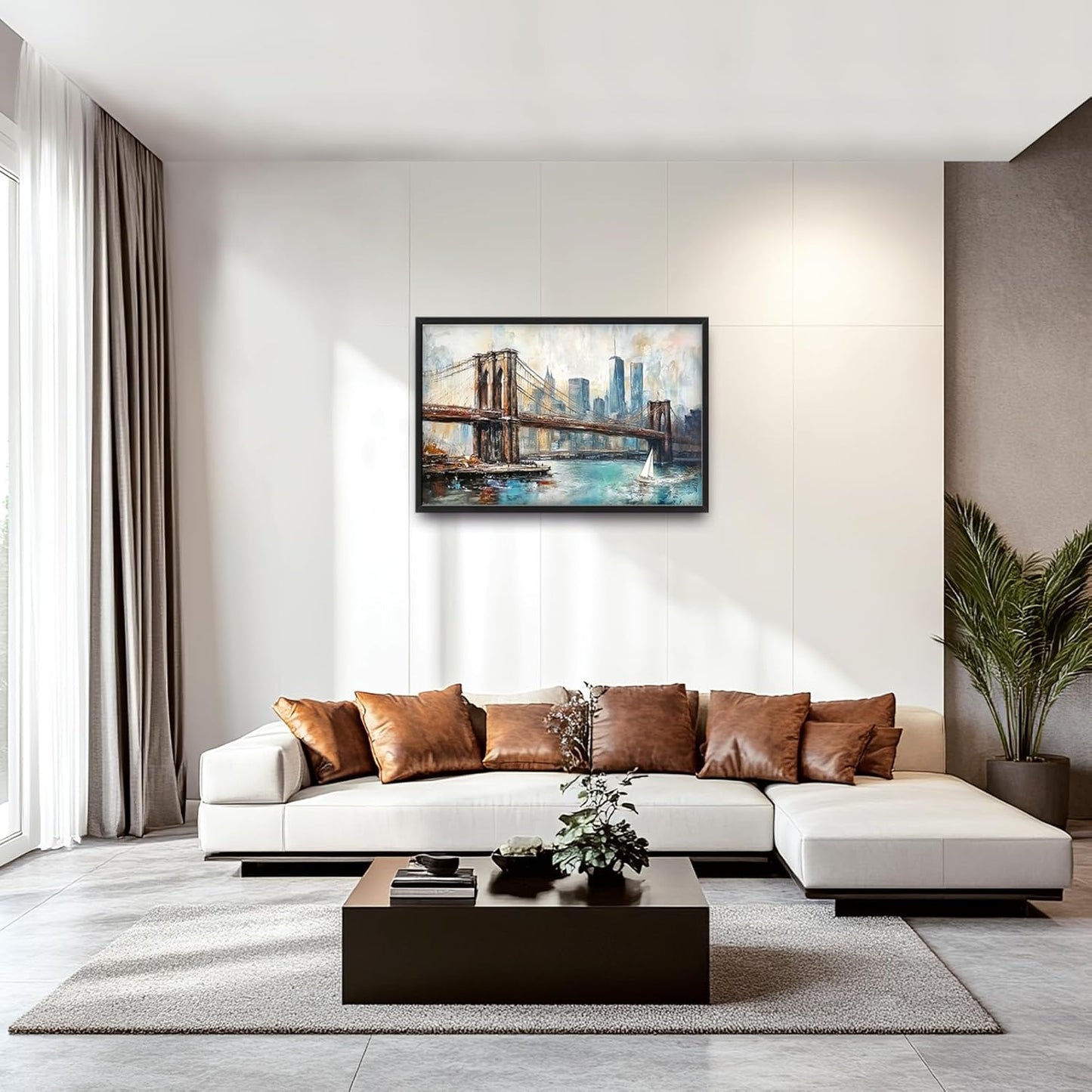 Extra Large Framed Brooklyn Bridge Wall Art,New York City Wall Decor,Abstract Skyline Cityscape Pictures for Living Room,Canvas Print Painting Modern Artwork Bedroom Office Bathroom 36L x24W