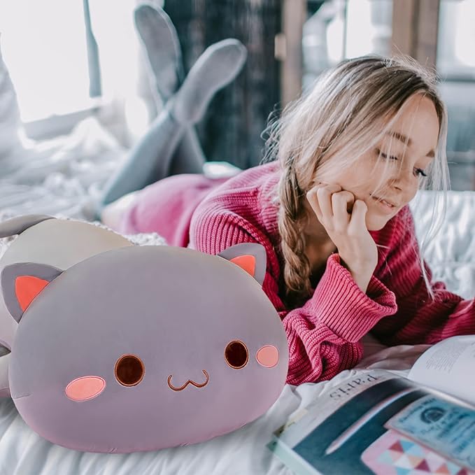 FUYU Cat Stuffed Animals, Soft Cat Plush Pillow Kawaii Kitten Stuffed Animal Toy Gifts for Kids Boys Girls Room Decor (Grey Round Eyes,19in/50cm)