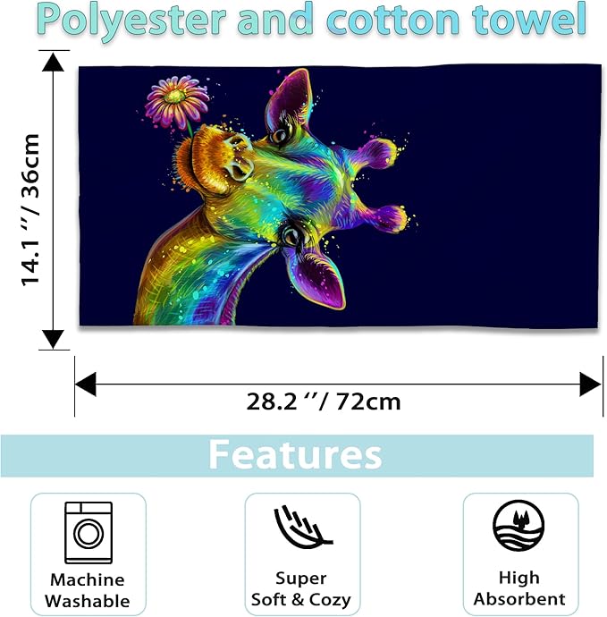 Giraffe Hand Towels Set of 2 - Colorful Fingertip Polyester Cotton Soft Bath Towels for Bathroom, Kitchen, Hotel, Spa - 14"X28"