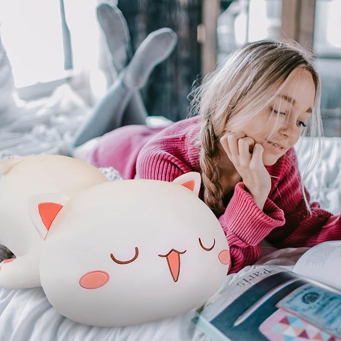 FUYU Cat Stuffed Animals, Soft Cat Plush Pillow Kawaii Kitten Stuffed Animal Toy Gifts for Kids Boys Girls Room Decor (White Squinted Eyes,19in/50cm)