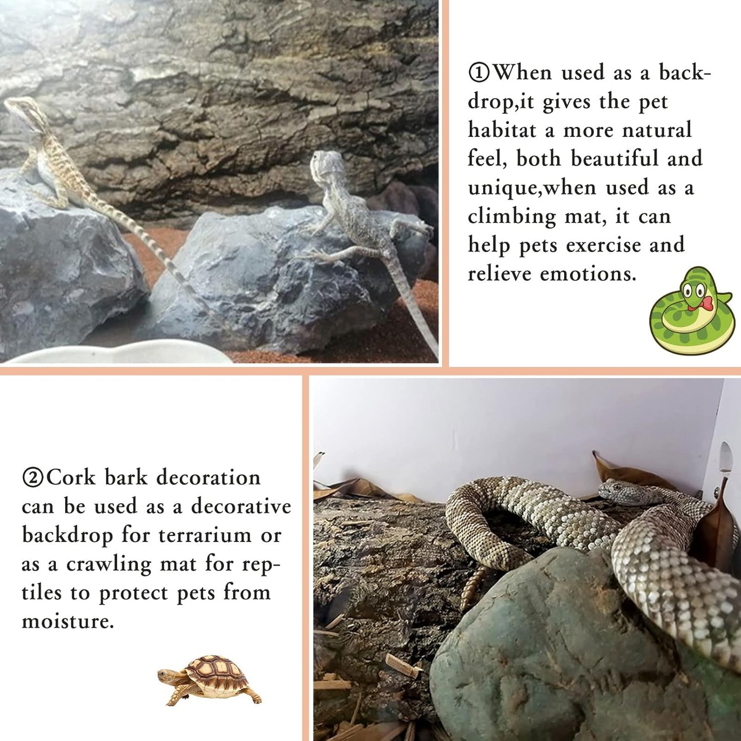 Tfwadmx 4Pcs Cork Tile Terrarium Background 15.7"x11.8" Reptile Bark Backdrop Wall Decor 3D Bearded Dragon Tank Climbing Mat Decoration for Gecko Lizard Tortoise Chameleon