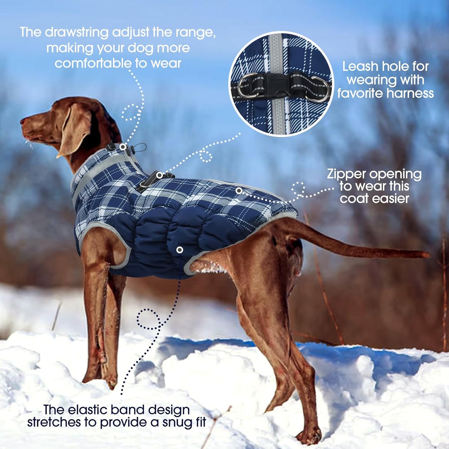 FUAMEY Dog Coat for Large Dogs,Waterproof Dog Winter Jacket with Harness Built in Puppy Cold Weather Coats Reflective Pet Vest with Zipper Warm Fleece Dogs Snowsuit Windproof Blue Plaid XL