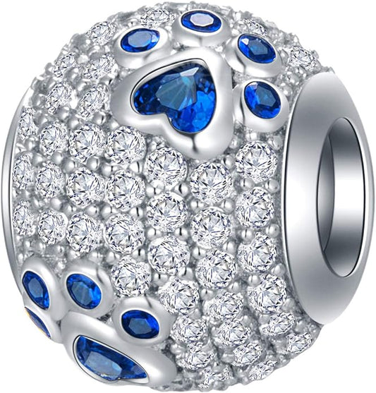 GEMDAZZ Sparkling Puppy Paw Print Charms in 925 Sterling Silver, Pave Dog Pawprint CZ Round Beads and Always in My Heart Charms, Gift for Animal Lover, fit European Women Bracelet/Necklace