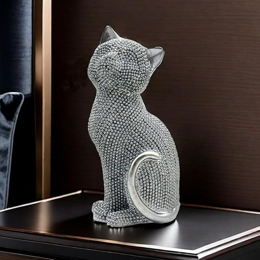 FUNSXBUG Decorative Cat Sitting Statue Art Figurines Sculpture Collectibles Home Office Desktop Decor Outdoor Garden Tabletop Display Decoration (Silver)
