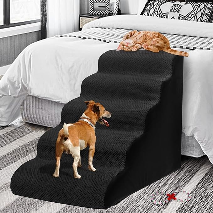 Dog Steps&Stairs for High Beds 24.4 inches High Up to 24-28 inches Bed, Tall Extra Wide Pet Stairs/Steps for High Bedsides,Non-Slip Dog Ramps for Small Older Dogs/Cats(Black)