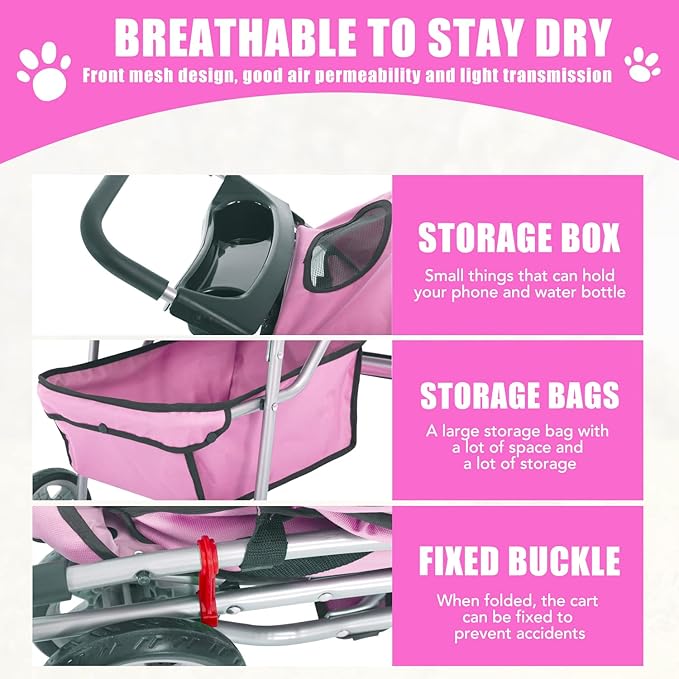 Dog Stroller, Folding 4 Wheels Pet Stroller for Small Medium Dog Cat Travel Carrier with Weather Cover Storage Basket Cup Holders Pink