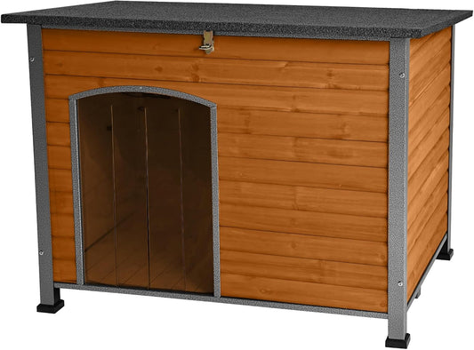 Indoor Outdoor Dog House,Anti-Chewing Iron Frame Dog Kennel,Wood Warm Pets Home,Weatherproof Outside Shelter (43.3" (L) x 29.4" (W) x 33.4" (H) Brown)
