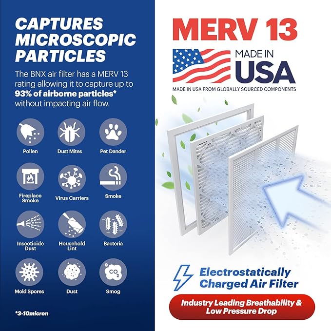 BNX TruFilter 14x24x1 Air Filter MERV 13 (6-Pack) - MADE IN USA - Electrostatic Pleated Air Conditioner HVAC AC Furnace Filters for Allergies, Pollen, Mold, Bacteria, Smoke, Allergen, MPR 1900 FPR 10