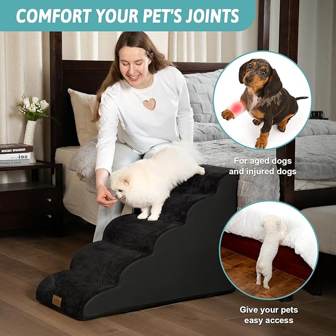 Dog Stairs for High Bed 22.6" H, Small Dog Step for Puppy, Older or Cat, Curved Ramp for Car, Ladder with High Density Foam, Lightweight, Durable, 15.7x33x22.6 inch, 5 Step, Black