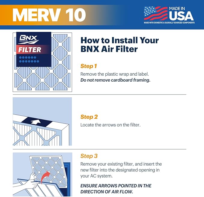 BNX TruFilter 20x22x1 MERV 10 (6-Pack) AC Furnace Air Filter - MADE IN USA - Pleated Air Conditioner HVAC AC Furnace Filters - Removes Odor, Mold, Bacteria, Smoke
