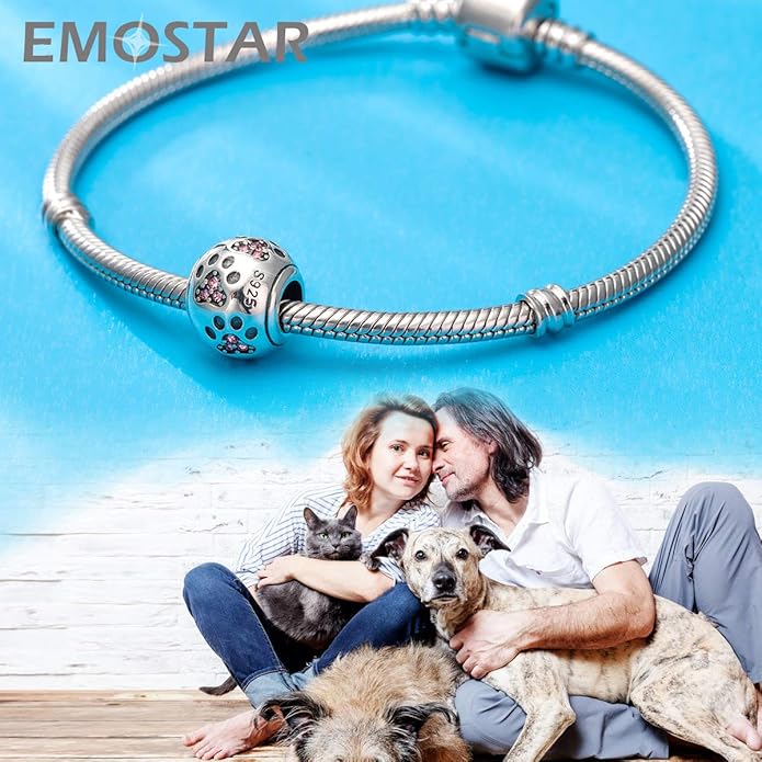 EMOSTAR Dog Paw Print Charms with Various Birthstone Crystals, 925 Sterling Silver Pawprint Beads for 3mm Snake Chain, Pet Lover Gifts for European Women Bracelet