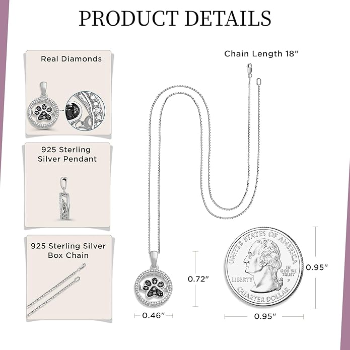 Jewelili Sterling Silver Dancing Dog Paw Pendant Necklace for Women | Treated Black or Blue & Natural White Round Diamonds | 18" Box Chain | Luxury Jewelry Gift for Her | Gift Box Included