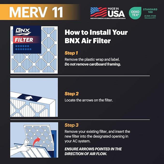 BNX TruFilter 15x20x1 Air Filter MERV 11 (4-Pack) - MADE IN USA - Allergen Defense Electrostatic Pleated Air Conditioner HVAC AC Furnace Filters for Allergies, Dust, Pet, Smoke, Allergy MPR 1200 FPR 7