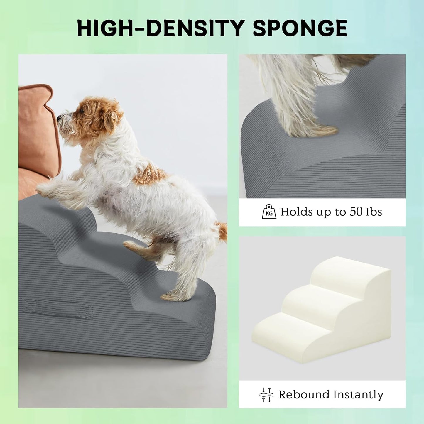 Dog Stairs & Steps for High Beds, 3 Steps High Density Foam Waterproof Dog Ramp for Small Dogs and Cats, Pet Stairs with Removable Washable Cover for Bed, Couch, Sofa and Car (H:16")