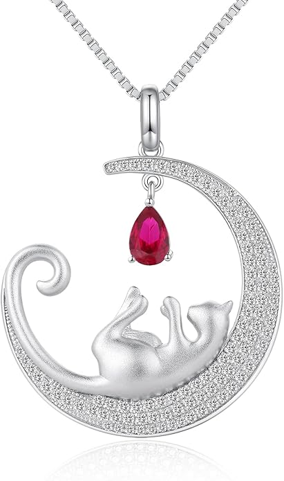 jiamiaoi 18K White Gold Plated Cat Necklace 925 Sterling Silver Diamond Cat Necklace Silver Cat On Moon Necklace for Women Gift for Birthday/Christmas, Come with Gift Box