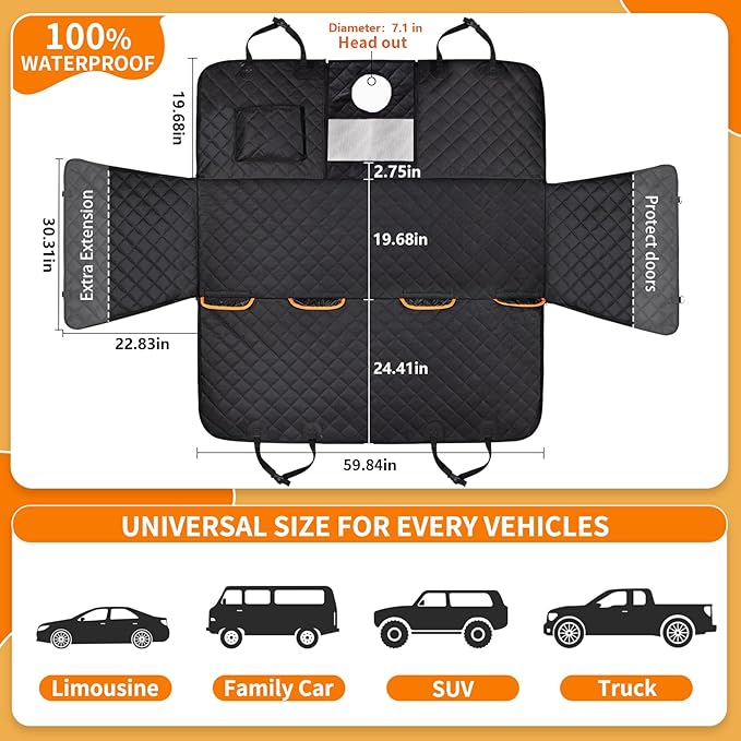Dog Car Seat Cover - 100% Waterproof, Durable 600D 6-Layer Scratchproof Nonslip Pet Seat Cover with Mesh Window for Car, Truck & SUV (60"x64") - Hi, Black