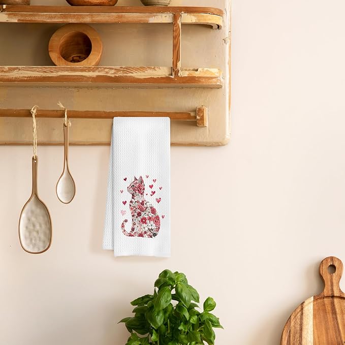 Floral Cat Kitchen Towels, Cat Lovers Gifts Hand Towels for Bathroom, Kitchen Bathroom Decor, 16x24 Inch