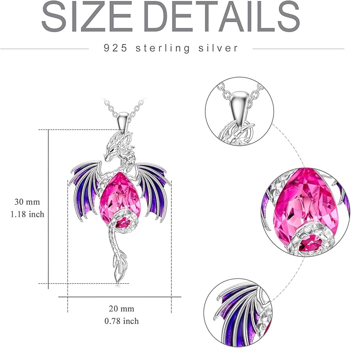 Dragon Necklace for Men Sterling Silver Birthstone Wyvern Necklace Embllished with Teardrop Shaped Crystal Jewelry for Women