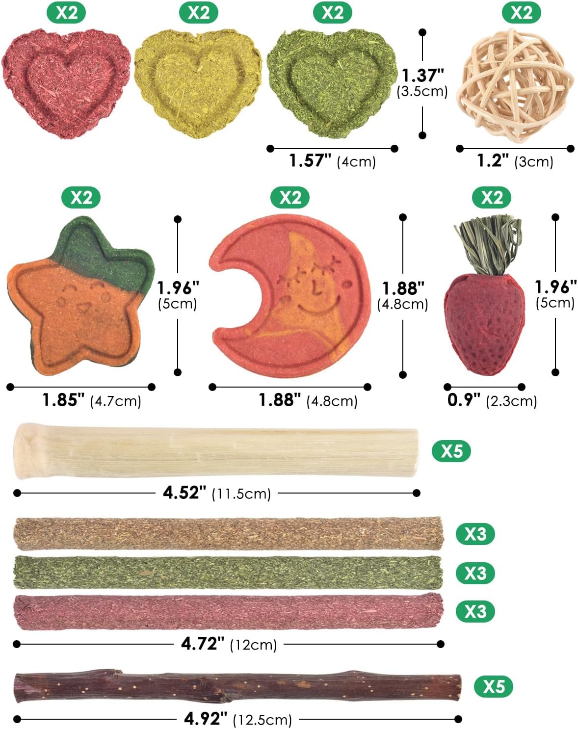 ERKOON 33PCS Bunny Chew Toys for Rabbits Teeth, Natural Rabbit Toys Apple Wood Sticks, Carrot, Timothy Grass Toys for Small Pets, Hamster, Chinchilla, Guinea Pig Dental Care and Treat Teething Toys