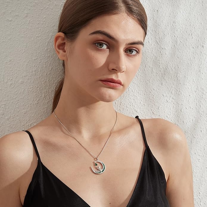 jiamiaoi 18K White Gold Plated Cat Necklace 925 Sterling Silver Diamond Cat Necklace Silver Cat On Moon Necklace for Women Gift for Birthday/Christmas, Come with Gift Box
