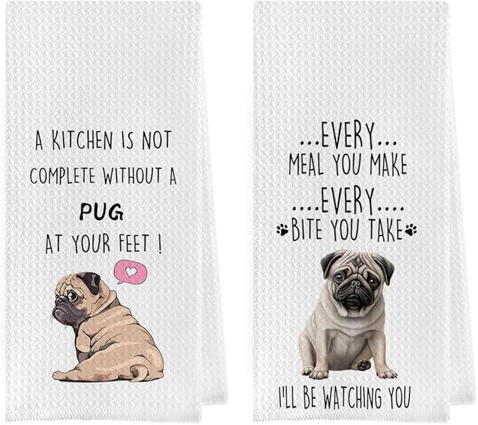 Funny Pug Dish Towels Set - Pug Waffle Weave Kitchen Towels, Pug Decorative Hand Tea Towels for Bathroom Kitchen, Pug Gifts for Pug Lovers (16×24 Inches Set of 2)