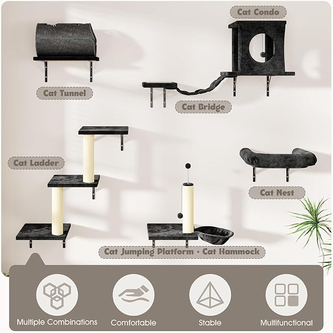 NUNU LAB 7-in-1 Cat Wall Shelves, Wall Mounted Cat Climber Set, Cat Furniture with House, Tunnel, Bridge, Steps, Scratcher, Hammock, Shelves for Indoor, Dark Black