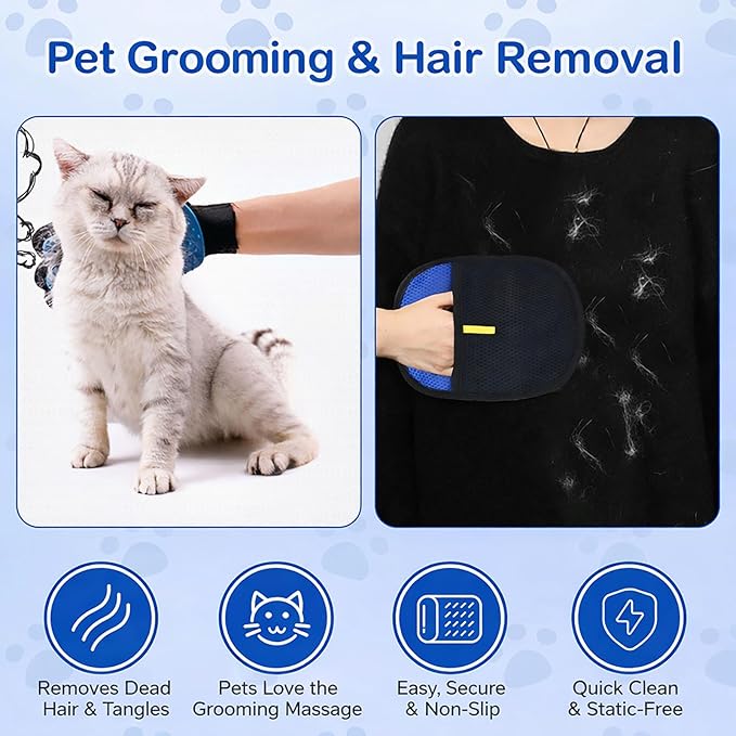 Pet Hair Removal Grooming Gloves Set – Silicone Cat & Dog Deshedding Gloves with Double-Sided Pet Hair Remover, Washable Reusable Anti-Static Grooming Set for Cats Dogs Horses (Blue)