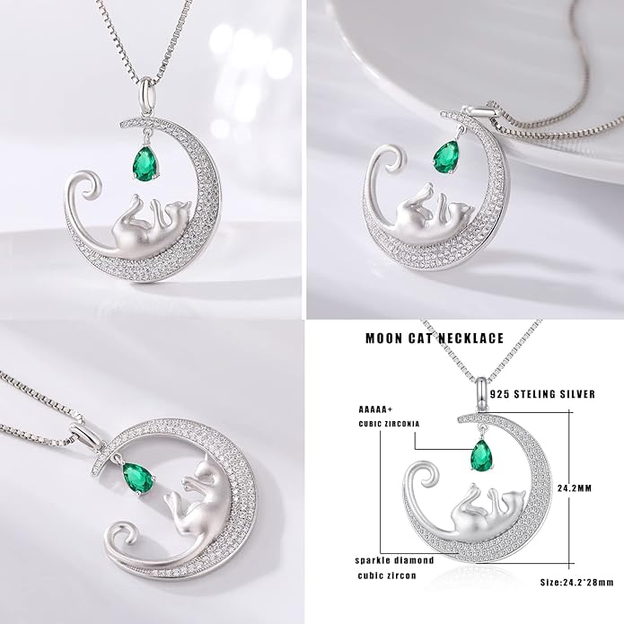 jiamiaoi 18K White Gold Plated Cat Necklace 925 Sterling Silver Diamond Cat Necklace Silver Cat On Moon Necklace for Women Gift for Birthday/Christmas, Come with Gift Box