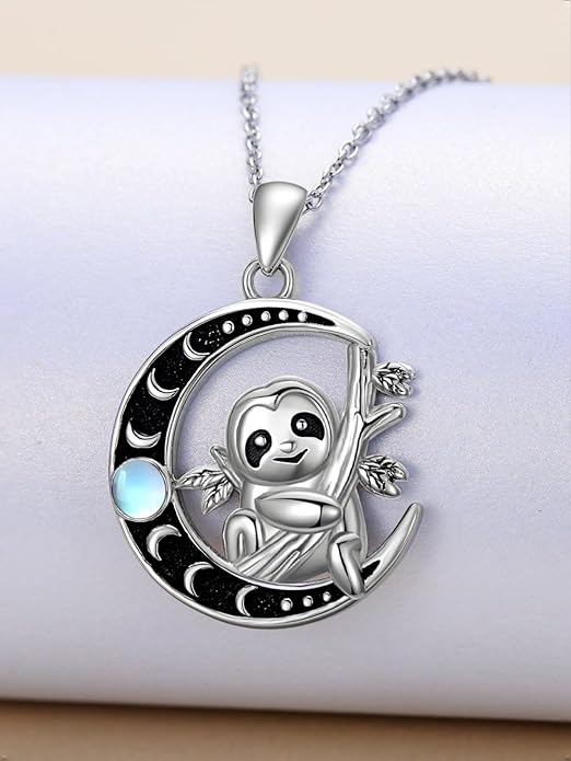 Fox/Cat/Axolotl/Sloth/Panda Necklace Crescent Moon Necklace 925 Sterling Silver Cute Animal Jewelry as Birthday Mothers Day Gifts for Women