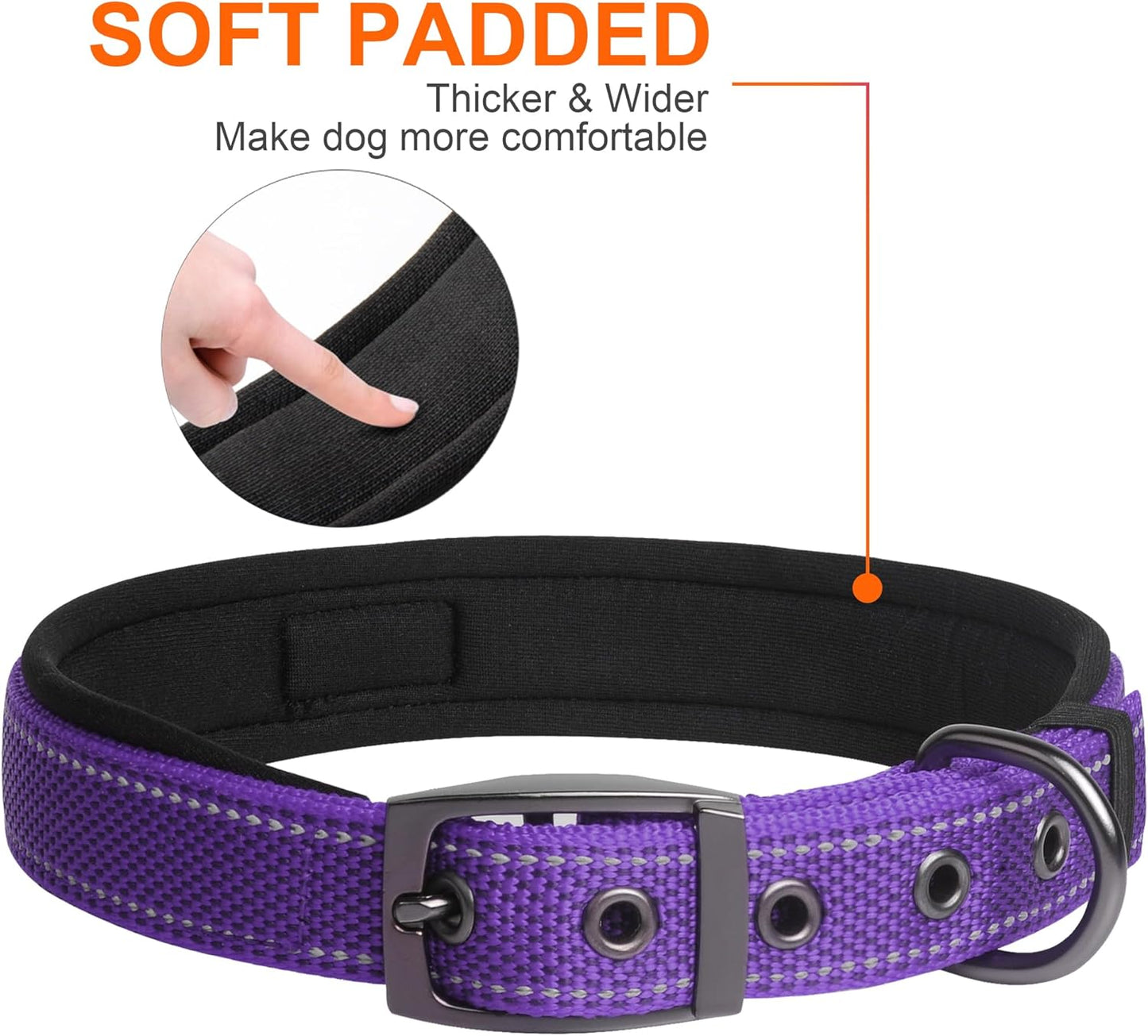 Fida Heavy Duty Dog Collar, Ultra Comfortable Soft Neoprene Padded, Adjustable Reflective Nylon Pet Collar with Durable Metal Belt Buckle for Large Breeds (L, Purple)
